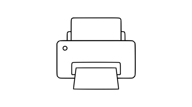 Wide desktop printer vector icon illustration with bold clean line art, rear paper stack, front output page and small status button, ideal for office apps, print shops and document systems