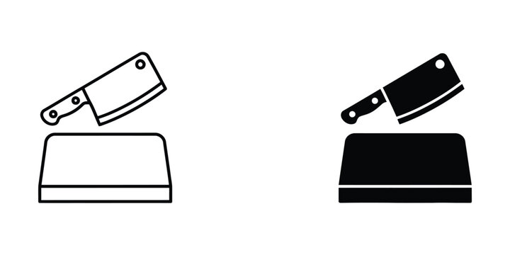 Professional butcher cleaver knife icon set with heavy duty cutting board for culinary meat preparation tasks