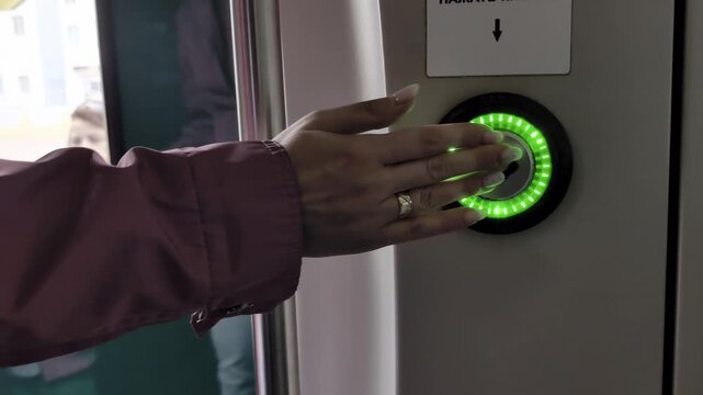 Woman hand presses door open button inside modern train car, passenger disembarkation process initiated, bright green light indicates readiness to open doors for exit.
