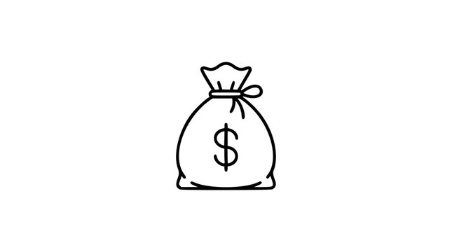 Tied money bag vector icon with bold dollar mark, drawstring knot and sack base, clean hand-drawn outline illustration in minimalist black line style for finance, cash, profit and savings design