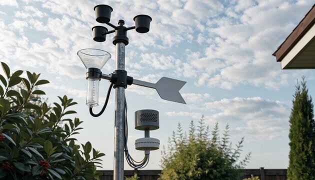Backyard weather station on a metal pole with anemometer, rain gauge and climate sensors beneath textured cloudy sky, monitoring wind, rainfall and temperature in a lush suburban garden