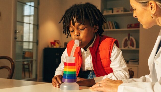 Young child practicing breathing therapy with a colorful incentive spirometer as caring pediatric clinician observes in a warm friendly clinic, hopeful respiratory care and wellness moment