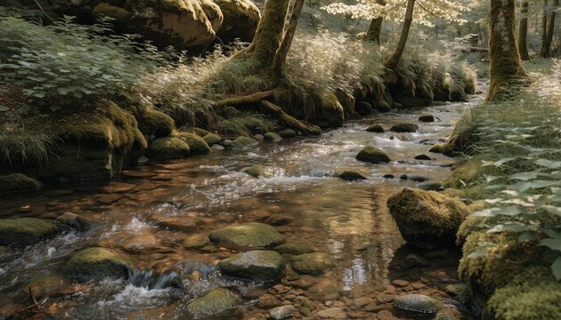 Crystal clear forest brook winding through mossy banks and rounded stones under soft dappled sunlight, tranquil woodland waterway with lush green growth and serene natural reflections