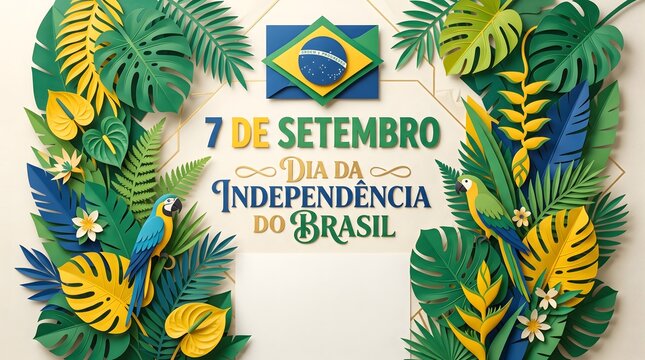 7 de setembro Dia da Independencia do Brasil text on elegant white background decorated with colorful paper cut tropical leaves, exotic flowers, macaw parrots and Brazilian flag