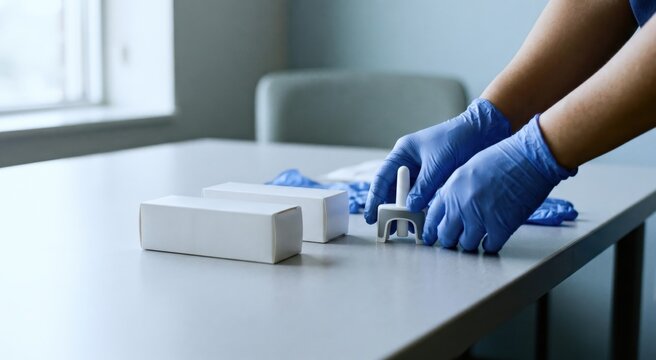 Harm-reduction training scene at a clinic table with two unopened nasal spray boxes, disposable gloves, a small practice trainer device, and a caregiver's hands arranging supplies; natural window