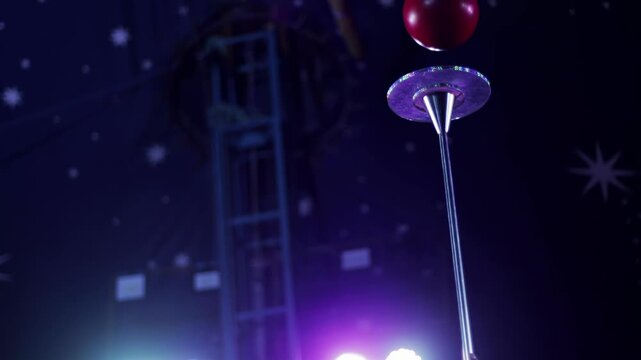 Close up of spinning plate balanced on stick with red ball floating above, performer hand holding stick, illuminated stage lights, circus tent background, entertainment show