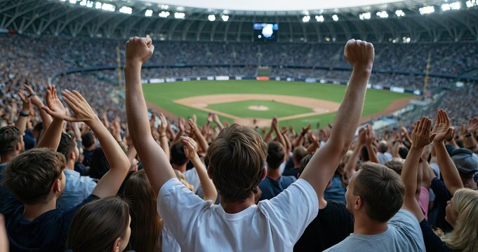 A packed baseball stadium alive with enthusiastic fans enjoying an exciting evening game.