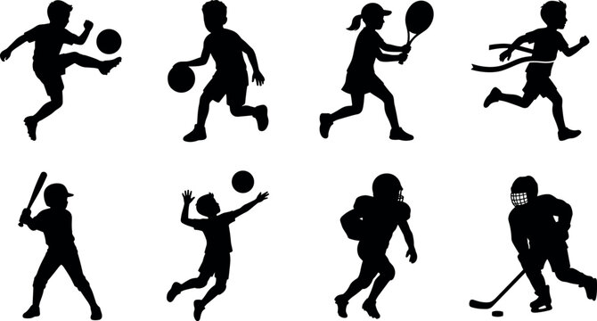 Children youth sports vector silhouettes collection featuring soccer basketball tennis running baseball volleyball football and hockey icons