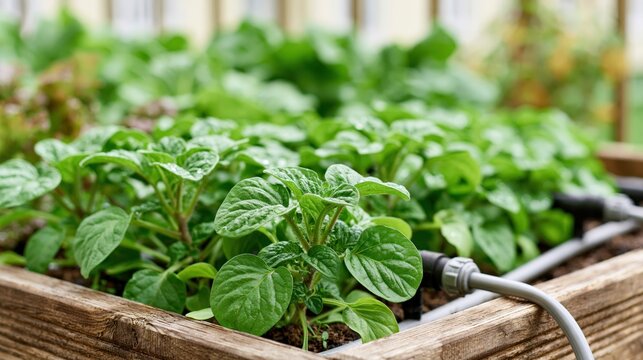 Young green plants growing in a wooden planter with drip irrigation system