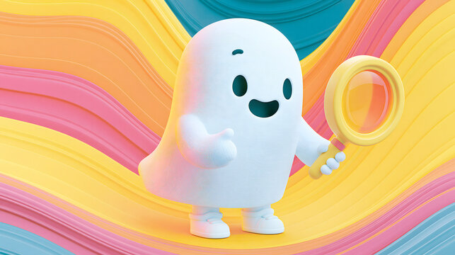 Cute ghost character holds a magnifying glass with colorful background in a playful scene