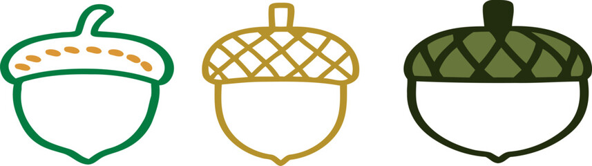 Set of three distinct oak acorn line art icons with collection botanical seasonal agriculture woodland illustration minimalist © md