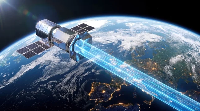 Orbital data center satellite beaming high-speed data to Earth over Europe at night