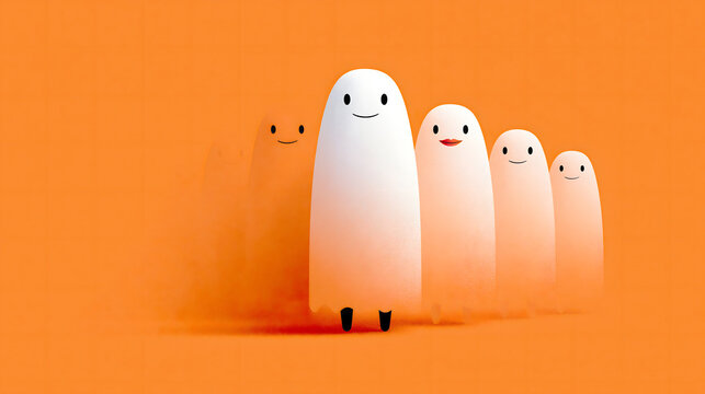 Group of friendly cartoon ghosts on a bright orange background during Halloween celebration
