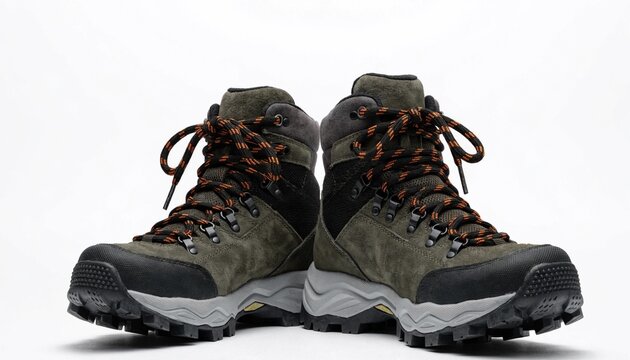 Rugged pair of hiking boots isolated on white, with aggressive tread soles, reinforced toe caps and orange laces for trekking, backpacking, trail travel and outdoor adventure gear concept