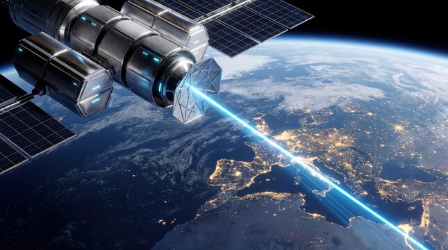 Futuristic orbital data center using parabolic dish to beam focused laser data to Earth
