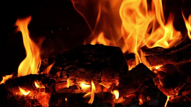 Premium 4K resolution footage shot at an extreme high frame rate of 100fps. Captures intense orange flames and glowing embers consuming wood logs in a dark rustic oven