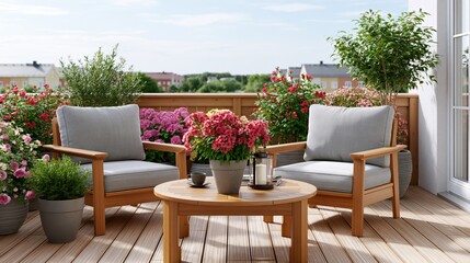 Fototapeta premium Cozy wooden balcony with comfortable chairs, flowers, and a coffee table