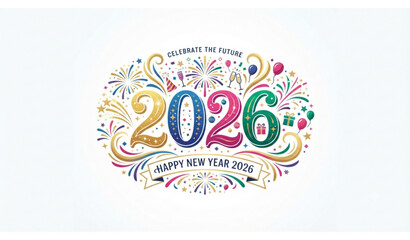 Happy New Year 2026 celebration banner with colorful fireworks, typography, and festive decorations © mdmasud