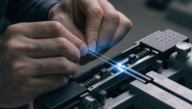 Close up technician hands aligning fiber optic strands in a fusion splicer as a bright blue arc welds the glass, precision telecom repair, broadband network installation, connectivity technology