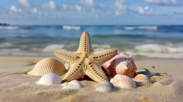 Beautiful starfish and various seashells resting on the sandy beach with the blue ocean and soft waves in the background on a sunny day
