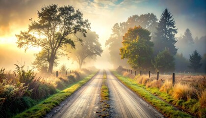 Obraz premium Rural gravel road through misty trees at golden sunrise.