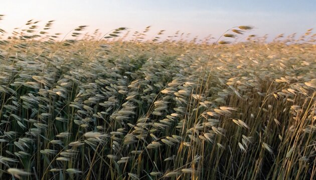 Golden oat field swaying in late summer breeze, soft seed heads glowing in warm low sunlight beneath pale sky, rustic harvest landscape for agriculture, wellness foods, and natural backgrounds
