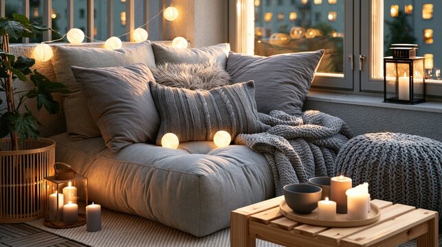 Cozy balcony evening retreat with string lights and candles creating warm ambiance