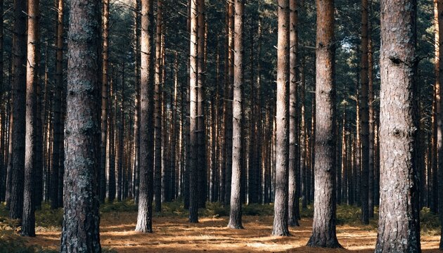 Tranquil pine forest with tall straight trunks, soft needle floor, and filtered golden light, serene woodland background for nature, wellness, hiking, conservation, and peaceful outdoor escape
