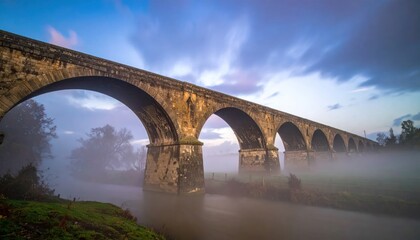 Fototapeta premium Stone arched bridge over river in heavy morning fog.