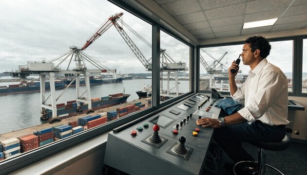 Port operator in glass control booth coordinating container cranes by radio, overlooking harbor terminals, cargo ships, stacked freight and logistics controls under overcast industrial light