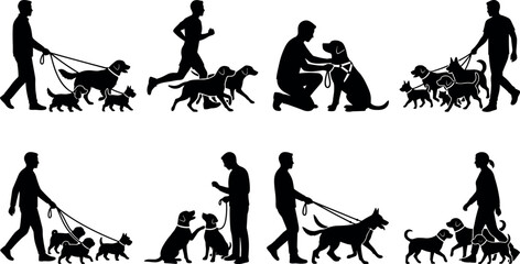 Fototapeta premium Professional dog walking and pet care vector silhouettes collection featuring people training and running with dogs
