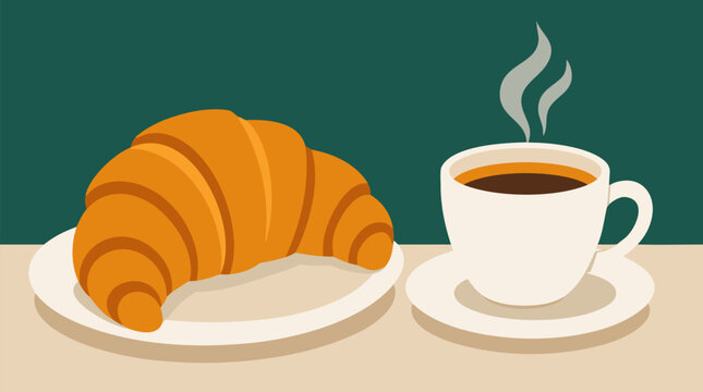 Freshly baked golden flaky croissant pastry on ceramic plate next to white espresso coffee cup with steaming hot beverage on minimalist table against teal background vector illustration breakfast