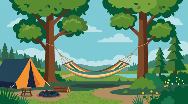 Colorful striped hammock gently swinging between tall trees at peaceful forest campsite with orange tent campfire logs and scenic green hills under blue cloudy sky illustration