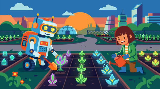 Futuristic robot assisting young girl gardener in high tech vertical farm with glowing neon plants digital vegetables under sunset sky with city skyline for innovation in agriculture and education