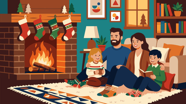 Cozy family gathered by a crackling fireplace with hanging stockings in a warm festive living room with glowing firelight and joyful holiday atmosphere perfect for Christmas celebration vector