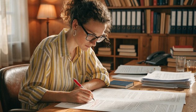 Focused copy editor proofreading a printed manuscript with red pen in a cozy wood paneled office, warm lamplight, shelves of books, paper stacks and meticulous publishing workflow scene