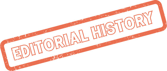 A visually striking red grunge rubber stamp clearly displaying the words editorial history ©  Design_ mn