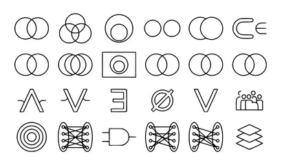 Fototapeta premium Minimal Venn diagram icon collection with overlapping circles set intersection logic and discrete mathematics symbols