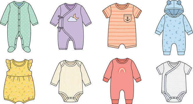 Collection of various baby rompers and bodysuits in different colors and patterns for newborn apparel design