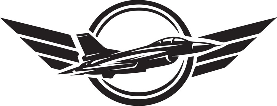 Military fighter jet plane emblem with wings and circle Vector, illustration