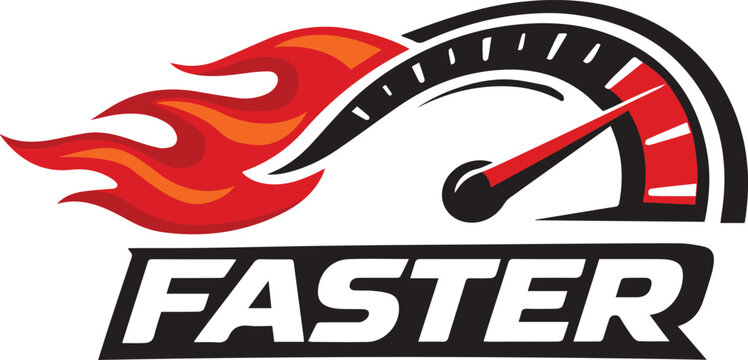 Speedometer icon with fire flames and faster text Vector, illustration