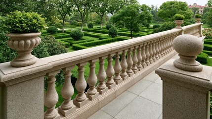 Fototapeta premium Elegant stone balcony railing overlooking a manicured garden with ornate balusters