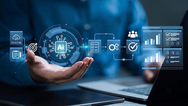 Businessman use AI artificial intelligence technology for business automation and data driven workflow optimization of AI system, machine learning, smart analytics, ai new 