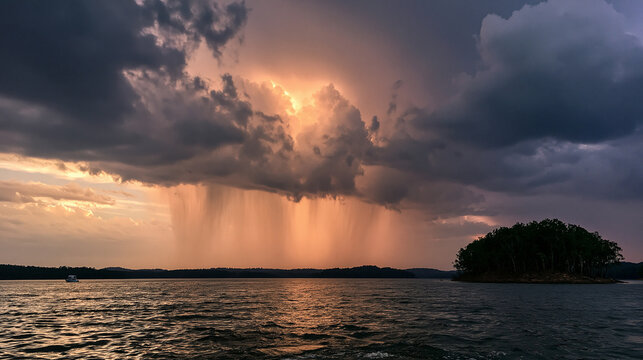 Dramatic storm cloud with heavy rain over scenic lake and small island at sunset. Beautiful natural landscape scenery, changing weather concept