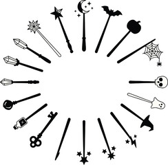 Obraz premium Halloween magic wand bundle black and white vector graphics