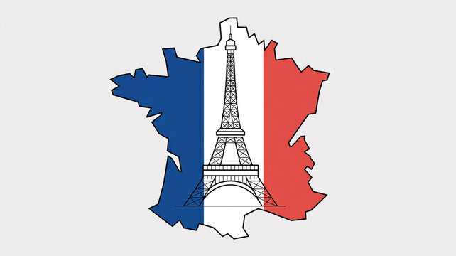 Flat vector illustration of France map filled with the national tricolor flag and a line art Eiffel Tower icon, French landmark travel poster ok