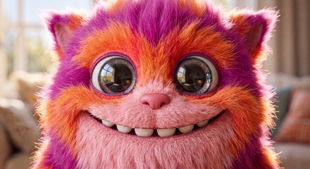 Fototapeta premium Cute Rainbow Furry Fantasy Creature Character with Giant Eyes and Playful Expression