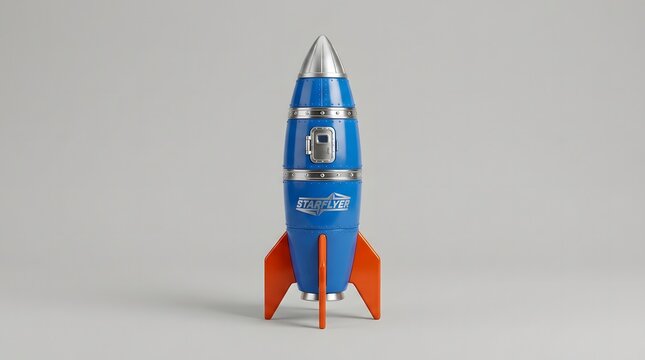Blue and orange toy rocket with silver details