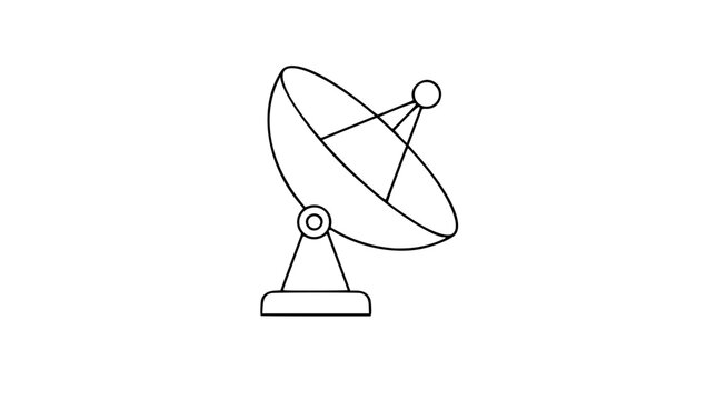 Hand-traced satellite dish vector icon, clean parabolic antenna line illustration for communication, broadcast, radar, space signal, telecom network, observatory, and wireless technology design