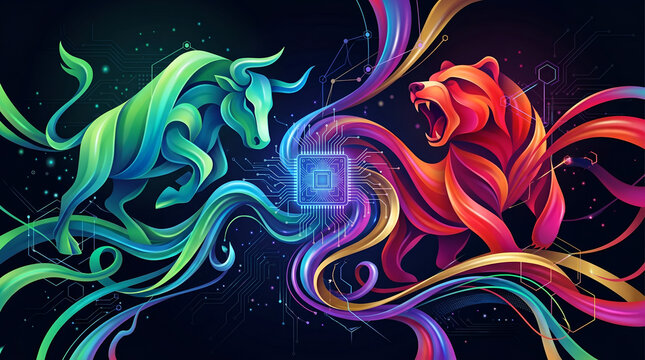 Algorithmic Stock Market Trading Concept with Bull and Bear and AI Microchip background